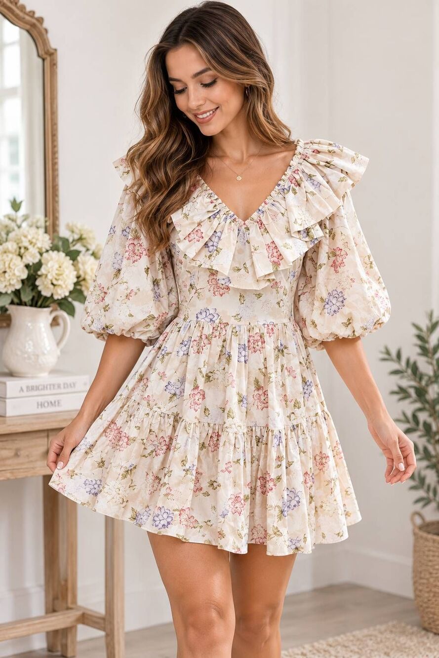 Sofie the Label Women’s L Floral Ruffle Tiered Mini Dress Puff Sleeve NWT Boho